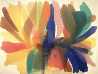 Abstract painting featuring billowing flumes of jewel-toned colour, layered one over the next, extended to the edges and near-edges of the unprimed canvas