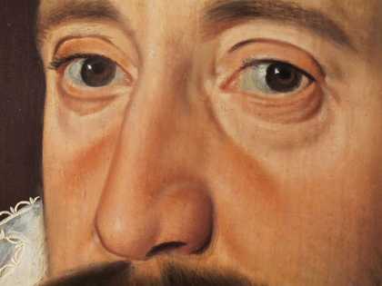 Fig.5 Detail of the face, showing faint linear underdrawing around the nose, smoothly blended, opaque paint and the characteristic ‘oyster’ eye-sockets