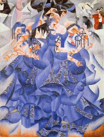 A figure wearing a blue dotted dress depicted in a fragmented, semi-abstract way, with smaller figures in the background