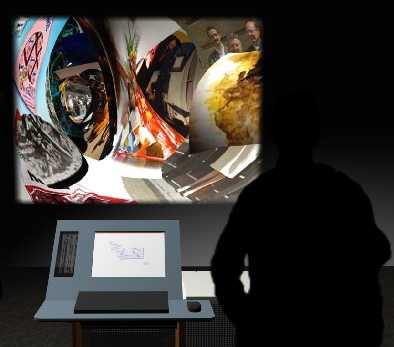 An individual stands next to a computer screen and in front of a colourful, distorted image that is projected on the wall.