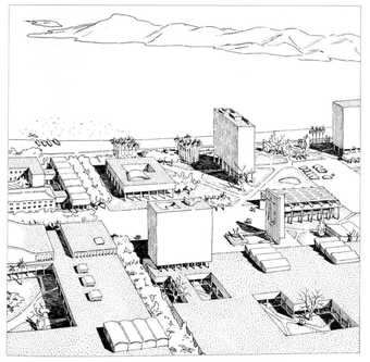 Paul Lester Wiener and Josep Lluís Sert, Aerial Perspective Sketch of Chimbote Civic Center, Showing Main Square and Standing Bell Tower 1949–50