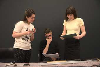 Fig.6 The new generation of performers preparing for the activation of Ten Years Alive at Tate Liverpool, 15 May 2019. From left to right: Catherine Landen, George Maund and Emily Lansley Photo: Roger Sinek