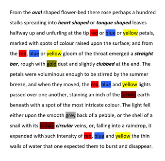 A printed text that describes a garden scene, with some words highlighted in a colour that corresponds to the colour they describe