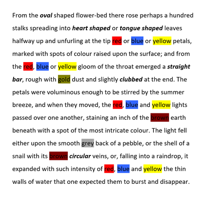 A printed text that describes a garden scene, with some words highlighted in a colour that corresponds to the colour they describe