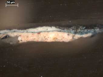 Fig.6 Cross-section through an unfaded area of the blue sash, photographed at x320 magnification. 
