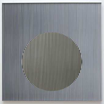 A square bas relief, comprised of a sequence of thin vertical coloured bands and fine raised polished stainless steel plates. Positioned slightly below the mid-point of the composition is a large floating circle.