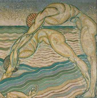 Two naked figures dive into water that is depicted as stylised waving lines in blue and green