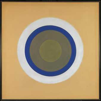 Photograph of a six-foot square abstract painting of concentric rings centred on a subtly tinted background.
