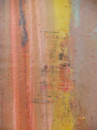 Fig.6 Frank Bowling, Crevice Reflecting Morning Light 1977, detail of newspaper text imprinted on the paint surface