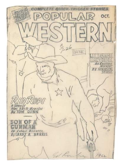 Fig.6 Pencil sketch on tracing paper by Ed Ruscha, copying the cover of an issue of Popular Western comic book featuring a sheriff with star badge and gun in hand