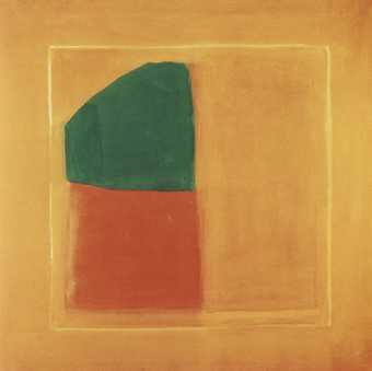 Fig.6 Untitled 1962–3, by James Bishop, a square abstract painting in oranges and dark green
