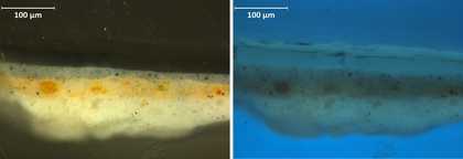 Cross-section of paint from left of canvas (shirt sleeve) in visible light and ultraviolet light