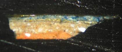 Fig.7 Cross-section through a shadowed area of the blue sash, photographed at x200 magnification.