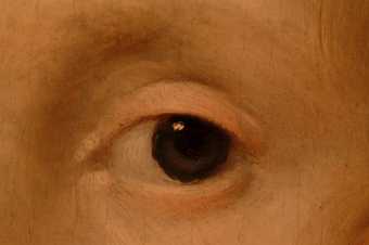 Fig.7 Macro-photograph of the sitter’s left eye, showing initial, red lake-based delineation of the eyelid, iris and pupil