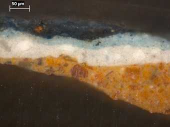 Fig.7 ​​​​​​​Cross-section through a mid-tone of the blue drapery, photographed at x320 magnification.