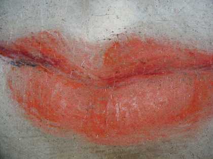 Fig.7 Detail of the mouth at x8 magnification, showing traces of black, linear underdrawing