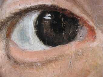 Fig.7 Close-up detail of her right eye, showing wet-in-wet addition of blue paint into the white of the eye-ball to create the receding half-shadow. It shows also the first position of the iris and pupil