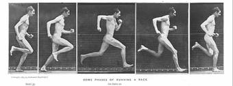 Five photographs of the same naked figure seen from the side in different running poses