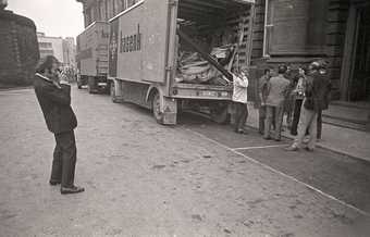 Fig.7 Richard Demarco photographing the arrival of transport from Düsseldorf at Edinburgh College of Art, bringing artworks and materials for Strategy: Get Arts, 1970