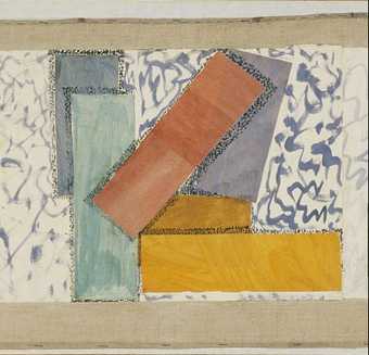 A section of a collage showing coloured rectangles arranged vertically, horizontally and diagonally, surrounded by small dots and curling lines