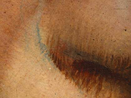 Fig.8 Detail at x8 magnification of the nose, showing undrawing visible through the overlying paint