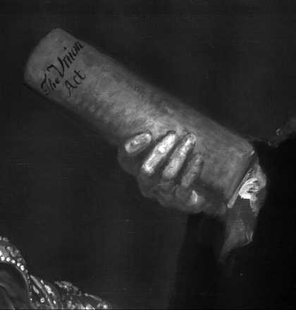 Fig.8 Infrared reflectogram detail of the sitter’s right hand and scroll