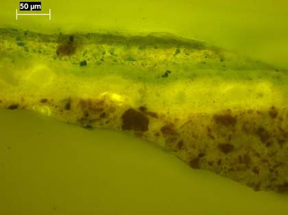 Fig.8 Cross-section through a mid-tone of the blue drapery, photographed at x320 magnification in ultraviolet light used with a blue filter.