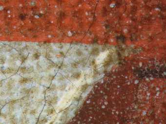 Fig.8 Detail of the white letter leaning against the red book, photographed at x8 magnification, showing microcissing in the white paint