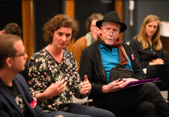Fig.8 Angharad Davies discussing her past experience of performing Ten Years Alive during the feedback session, Tate Liverpool, 2019 Photo: Roger Sinek