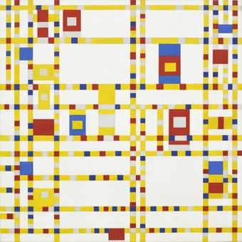 Abstract painting in yellow, red, blue and white invoking the Manhattan grid filled with traffic lights exuberantly pulsing in continuous, syncopated rhythm.