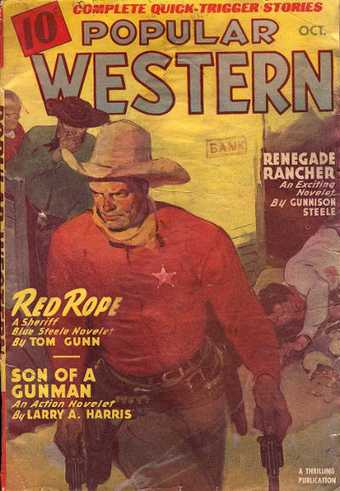 Fig.8 Full colour original cover of the Popular Western comic book which Ed Ruscha copied, featuring sheriff in red shirt and cowboy hat, with yellow neckerchief and gold star badge 