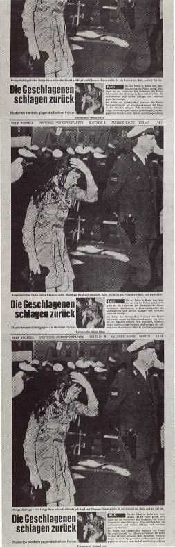 Photographic screenprint featuring the headline of a German student newspaper and the image of a female student whose hand is held to her head in an attempt to stem the blood pouring from her open wound