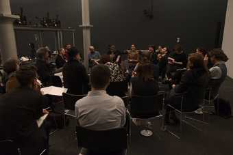 Fig.9 Fieldwork participants discussing the closed performance during the feedback session, Tate Liverpool, 16 May 2019 Photo: Roger Sinek