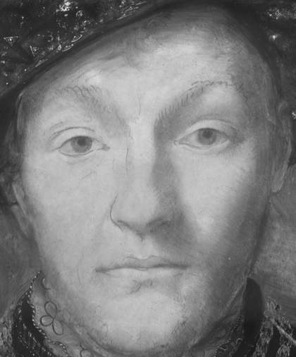 Fig.9 Infrared reflectograph detail of the face, showing underdrawing
