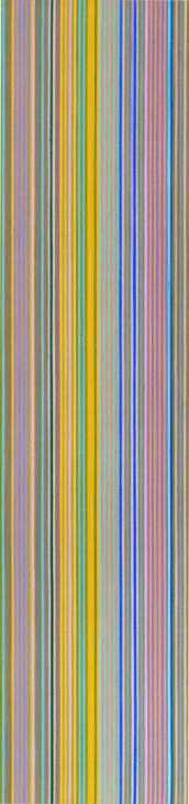 Abstract painting on a tall, narrow canvas featuring a series of thin vertical stripes