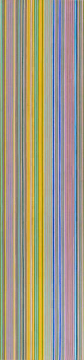 Abstract painting on a tall, narrow canvas featuring a series of thin vertical stripes