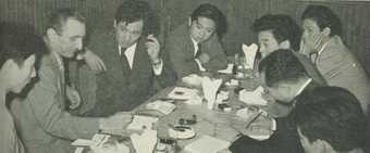 Fig.9 Roundtable discussion, Tokyo, October 1957, with (clockwise from left) Haga Tōru, Michel Tapié, Hariu Ichirō, Ōoka Makoto, Tōno Yoshiaki and Nakahara Yūsuke
