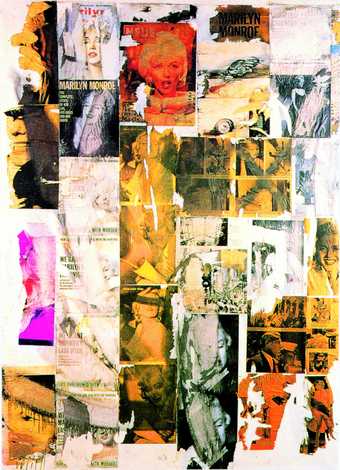 Décollage piece featuring multiple magazine and newspaper images of Marilyn Monroe