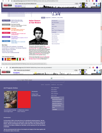Two screenshots of webpages: one from the Tate homepage and another from a page featuring net artworks.