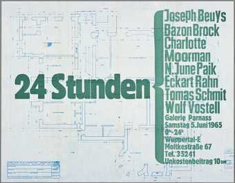 Poster for the ‘happening’ titled 24 Hours, featuring a hand-drawn architectural floorplan overlaid with green text reading '24 Stunden' and the names of all the artists involved and location