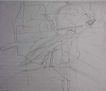Abstract sketch drawing with figure of a man holding arms up and face to the sky
