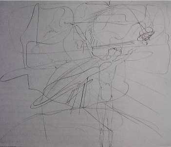 Abstract sketch drawing with figure of a man holding arms up and face to the sky