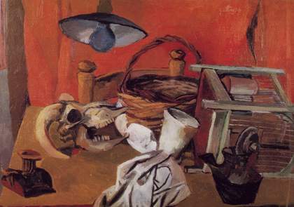 A semi-abstract painting of a table with a variety of objects on it, including a skull, a basket, a jug and a candle-holder, and a large lampshade and bulb suspended above it.