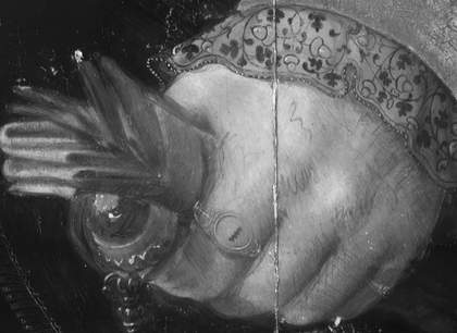 Detail in infrared light of the sitter’s left hand in ?British School, 'Portrait of a Gentleman' c.1545–60