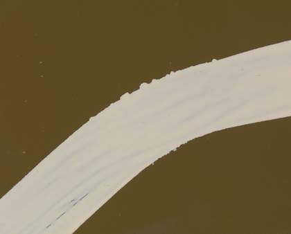 Close detail of the larger painting: part of one of the white lines in The Generals, showing small bumps and patches along the edge of the line where the white paint has bled beneath the masking tape and into the brown background.