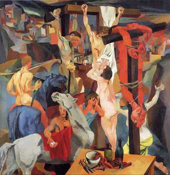 A semi-abstract painting depicting three men being crucified on wooden crosses, figures gesturing in distress, two muscular horses and a table with sharp objects and bottle resting on it.