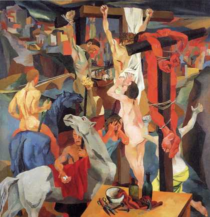 A semi-abstract painting depicting three men being crucified on wooden crosses, figures gesturing in distress, two muscular horses and a table with sharp objects and bottle resting on it.