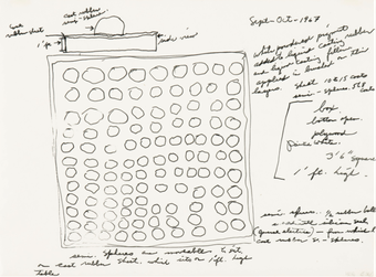 A piece of paper featuring a sketch of a square filled with rows of circles, surrounded by handwritten notes and numbers.