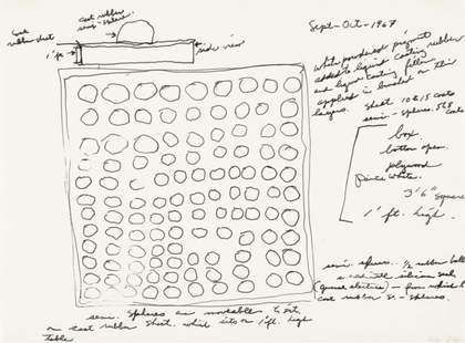 A piece of paper featuring a sketch of a square filled with rows of circles, surrounded by handwritten notes and numbers.