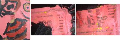 Details of imprint of the original tape measure including micrographs of ink and paint left on the surface